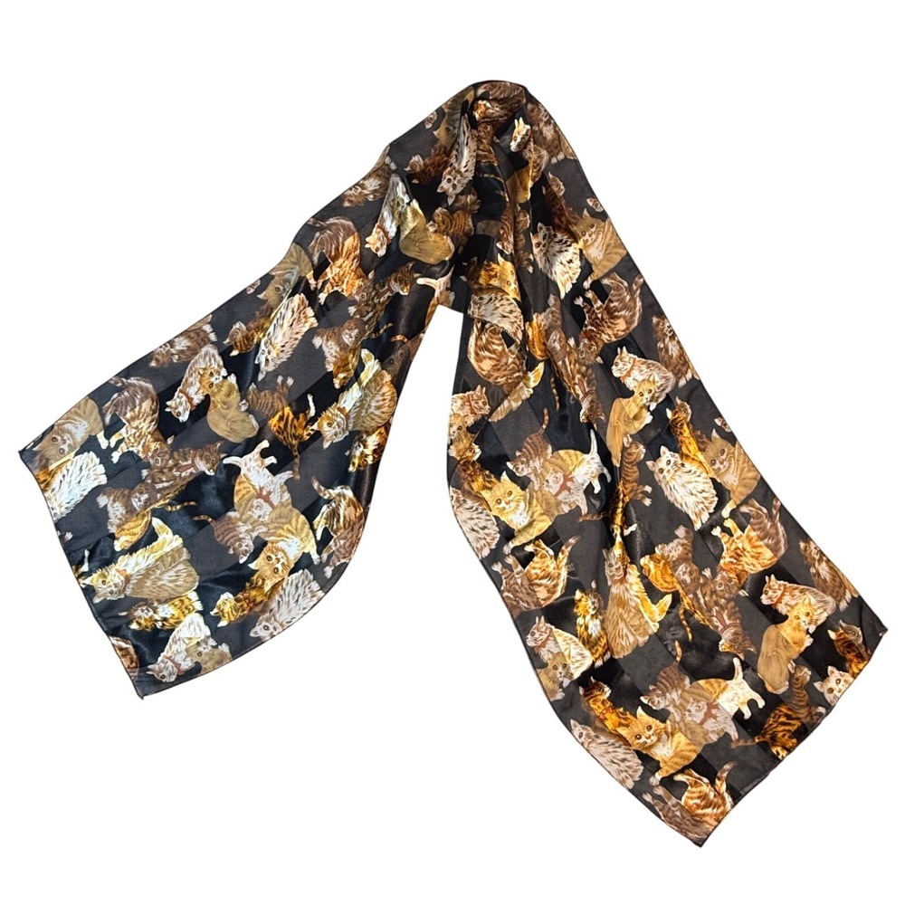 Vintage Cat Print Scarf 60" Kitty Tabby Orange Black Retro Print Pet Lover Wrap